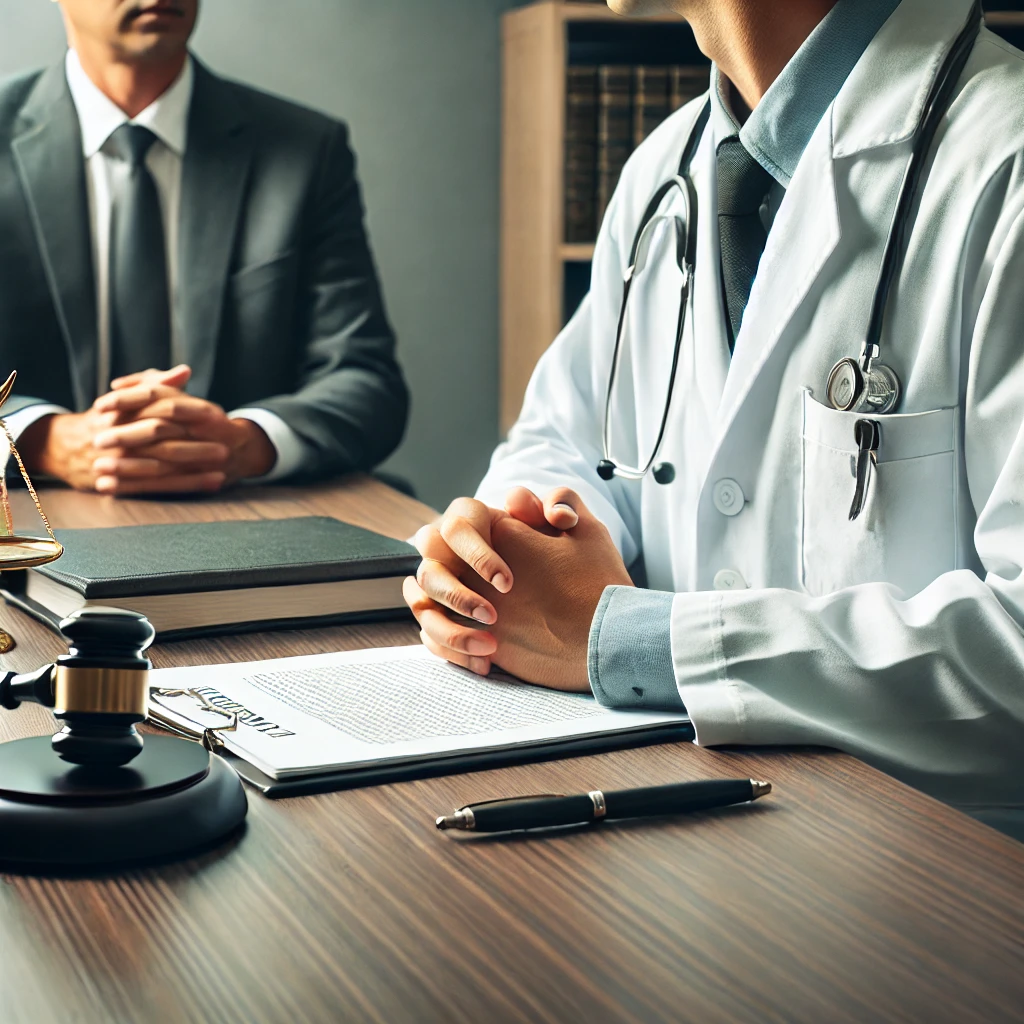 Escena en un tribunal donde un juez dicta veredicto sobre un caso de reproducción asistida post mortem. En primer plano, una mujer en duelo y un médico revisan documentos médicos y legales, representando el debate entre derechos reproductivos, ética médica y normativa legal.