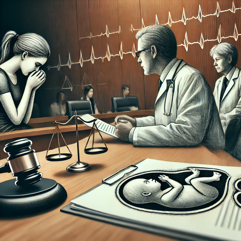 Veredicto Judicial sobre Reproducción Asistida Post Mortem Escena en un tribunal donde un juez dicta veredicto sobre un caso de reproducción asistida post mortem. En primer plano, una mujer en duelo y un médico revisan documentos médicos y legales, representando el debate entre derechos reproductivos, ética médica y normativa legal