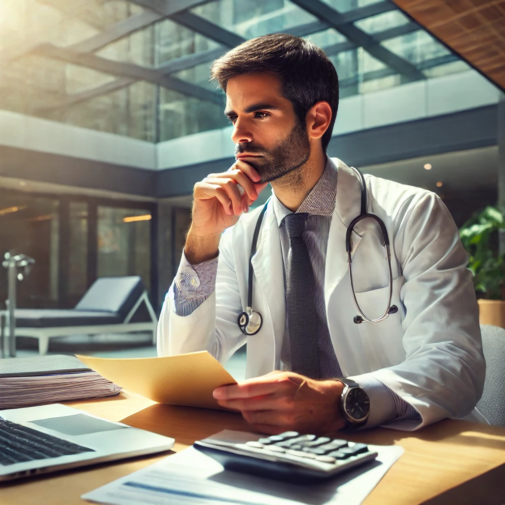 Médico en Logroño revisando documentos sobre complemento de incapacidad y guardias médicas en oficina hospitalaria